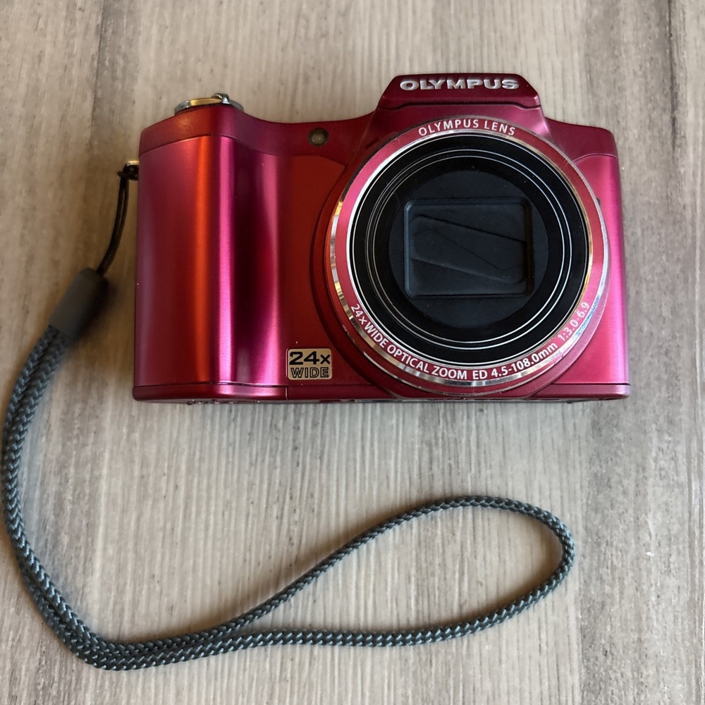 Olympus SZ-14 Compact Camera 14 Megapixel 24x Zoom Red Tested- Works! No Battery